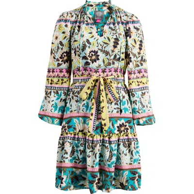Vince Camuto Floral Ruffle Long Sleeve Dress In Aqua