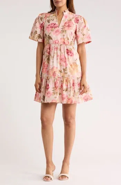 Vince Camuto Floral Ruffle Poplin Minidress In Pink
