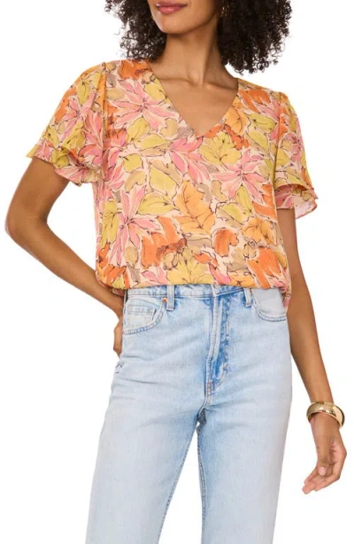 Vince Camuto Floral Ruffle Sleeve Chiffon Top In Crushed Orange