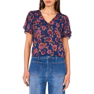 Vince Camuto Floral Ruffle Sleeve Top In Blue