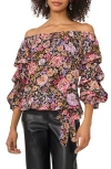 Vince Camuto Floral Ruffle Tie Hem Off The Shoulder Top In Rich Black