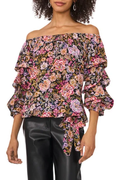 Vince Camuto Floral Ruffle Tie Hem Off The Shoulder Top In Rich Black