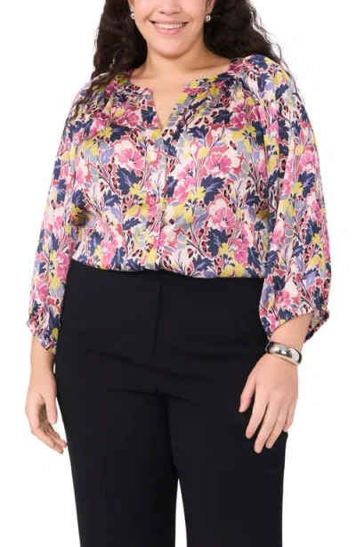 Vince Camuto Floral Satin Button-up Shirt In Violet Blush