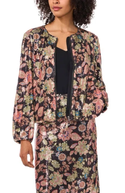 Vince Camuto Floral Sequin Bomber Jacket In Black