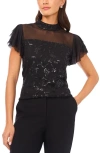 Vince Camuto Floral Sequin Flutter Sleeve Top In Black