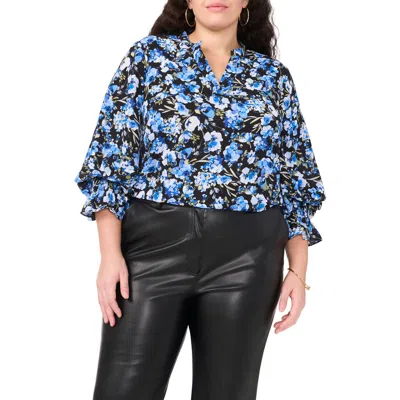 Vince Camuto Floral Shirred Cuff Shirt In Royal Azure