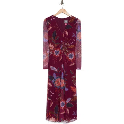 Vince Camuto Floral Shirred Long Sleeve Mesh Midi Dress In Wine