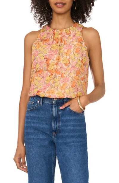Vince Camuto Floral Shirred Neck Sleeveless Chiffon Top In Crushed Orange