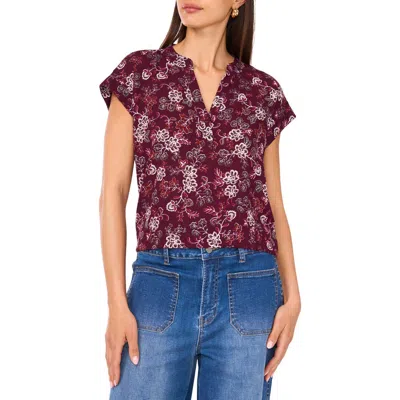 Vince Camuto Floral Short Sleeve Georgette Top In Burgundy
