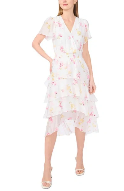 Vince Camuto Floral Short Sleeve Tiered Dress In White