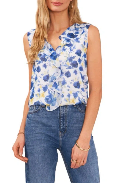 Vince Camuto Floral Sleeveless Ruffle Chiffon Top In Ultra White/ Blue