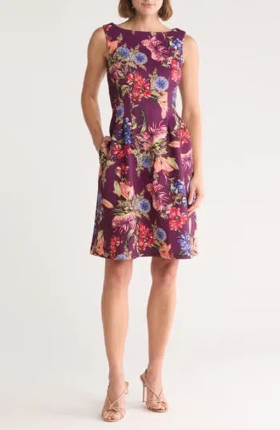 Vince Camuto Floral Sleeveless Scuba Fit & Flare Dress In Aubergine