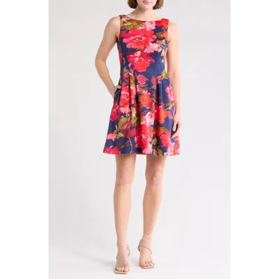Vince Camuto Floral Sleeveless Scuba Fit & Flare Dress In Navy Multi