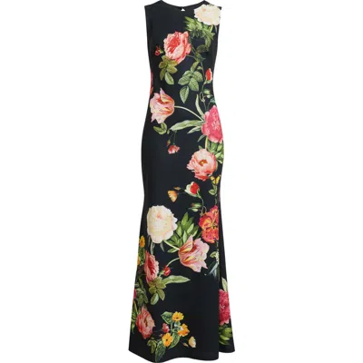 Vince Camuto Floral Sleeveless Scuba Mermaid Gown In Black Multi