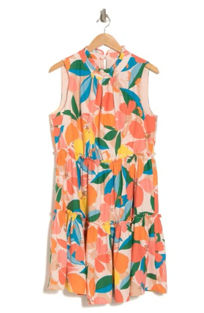 Vince Camuto Floral Sleeveless Tiered Linen Blend Dress In Coral Multi