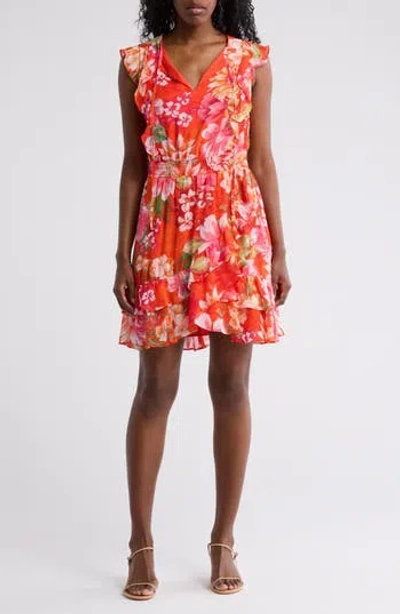 Vince Camuto Floral Smocked Waist Chiffon Dress In Pop