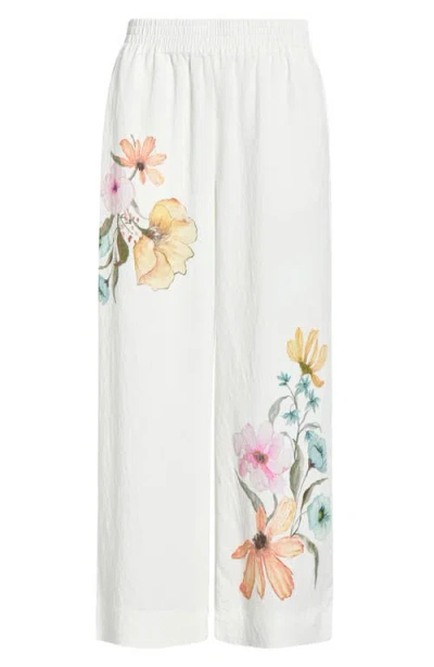 Vince Camuto Floral Smocked Waist Wide Leg Pants In White