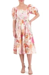VINCE CAMUTO FLORAL SQUARE NECK PUFF SLEEVE COTTON MIDI DRESS
