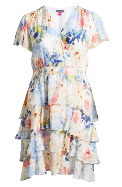 Vince Camuto Floral Tiered Chiffon Cocktail Dress In Ultra White