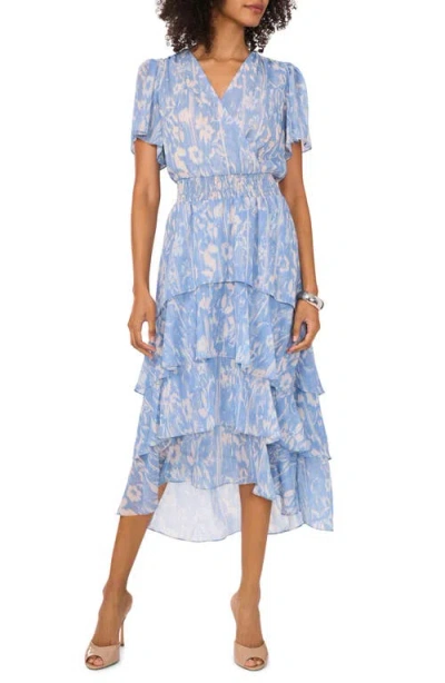 Vince Camuto Floral Tiered Flutter Sleeve Midi Dress In Lake Breeze