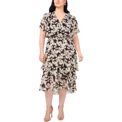 Vince Camuto Floral Tiered Flutter Sleeve Midi Dress In Rich Black
