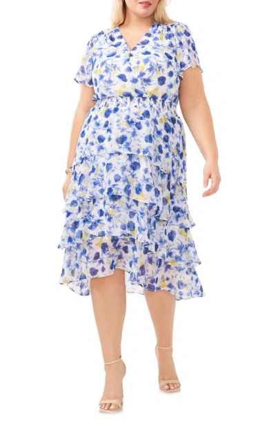 Vince Camuto Floral Tiered High-low Dress In Ultra White