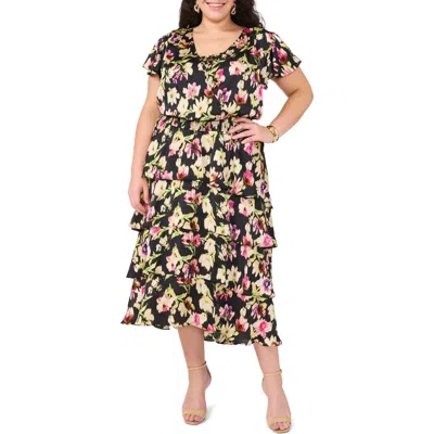 Vince Camuto Floral Tiered Midi Dress In Rich Black