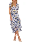 Vince Camuto Floral Print Flutter Sleeve Tiered Ruffle Midi Dress In Ultra White