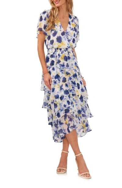 Vince Camuto Floral Print Flutter Sleeve Tiered Ruffle Midi Dress In Ultra White