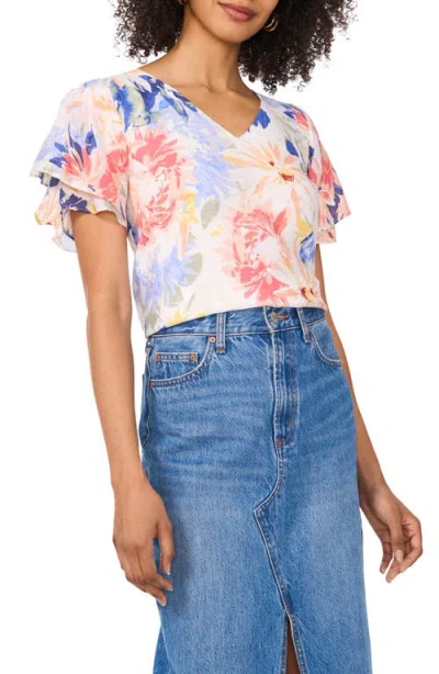 Vince Camuto Floral Tulip Sleeve Top In Ultra White