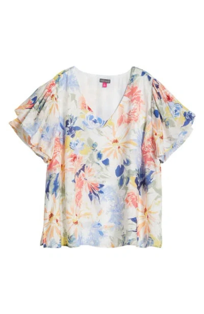 Vince Camuto Floral Tulip Sleeve Top In Ultra White