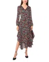 Vince Camuto Floral Long Sleeve Asymmetric Hem Dress In Rich Black