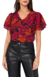 VINCE CAMUTO VINCE CAMUTO FLORAL V-NECK RUFFLE SLEEVE TOP