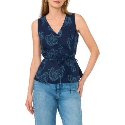 Vince Camuto Floral V-neck Button-down Tank In Blue