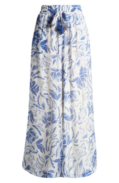 Vince Camuto Floral Wide Leg Drawstring Pants In Sapphire Sky