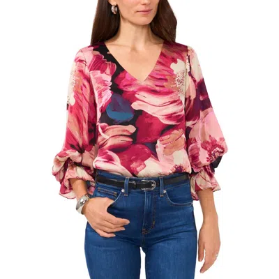 Vince Camuto Floral Womens Floral Print Polyester Blouse In Rich Black/pink Multi