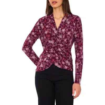 Vince Camuto Floral Wrap Front Long Sleeve Knit Top In Purple