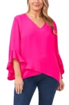 Vince Camuto Flutter Sleeve Crossover Georgette Tunic Top In Hot Pink