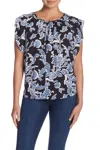 Vince Camuto Flutter Sleeve Floral Print Keyhole Blouse In Black Blue White In Multi