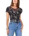 Vince Camuto Floral Print Ruffle Sleeve Mesh Top In Rich Black