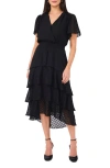 VINCE CAMUTO VINCE CAMUTO FOUR TIERED FLUTTER SLEEVE CHIFFON MIDI DRESS