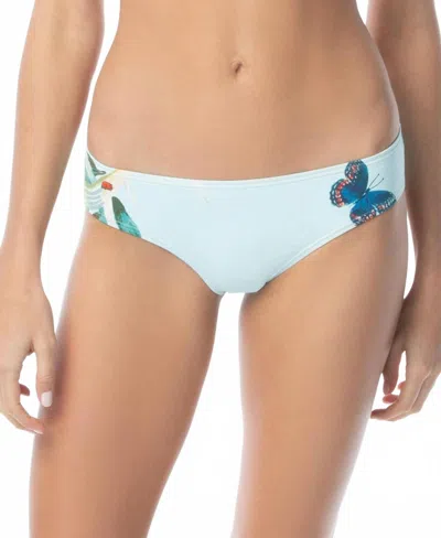 Vince Camuto Garden Paradise Printed Shirred Cheeky Bikini Bottoms In Mist In Blue