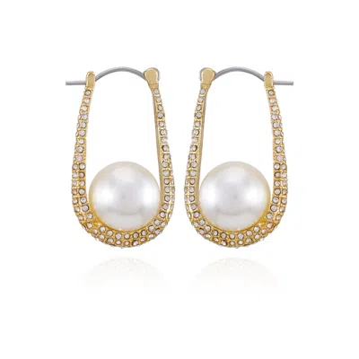 VINCE CAMUTO GOLDTONE CRYSTAL STONE PEARL HOOP EARRINGS