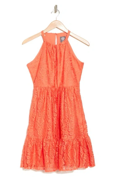 Vince Camuto Halter Neck Sleeveless Lace Dress In Tangerine