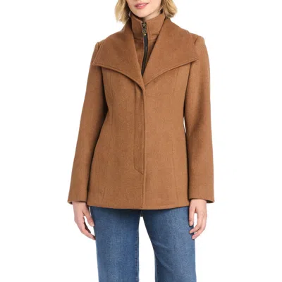 Vince Camuto High-low Hem Wool Blend Coat With Fixed Bib In Brown