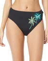 Vince Camuto Palm Embroidered High Waist Bikini Bottom In Black