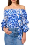 Vince Camuto Ikat Print Off The Shoulder Bubble Sleeve Top In Royal Azure