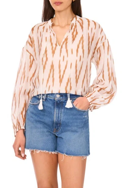 Vince Camuto Ikat Print Split Neck Peasant Top In Neutral