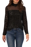 Vince Camuto Illusion Yoke Sequin Mock Neck Top In Rich Black