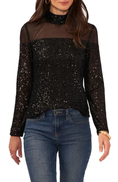Vince Camuto Illusion Yoke Sequin Mock Neck Top In Rich Black